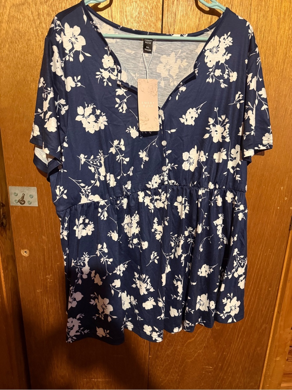 SHEIN Navy and White Floral Button-Up Peplum Top